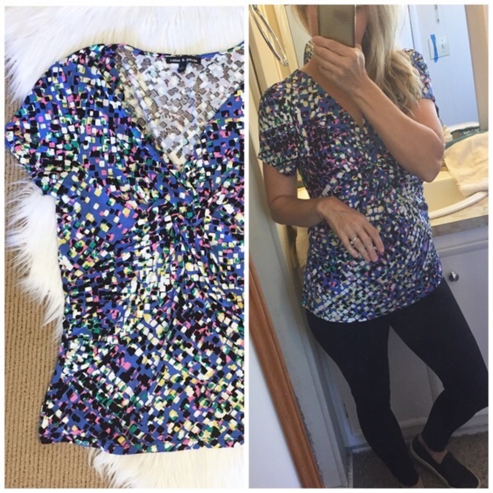 Cable & Gauge Confetti Pixeled Abstract Print Wrap Short Sleeve Blouse Large